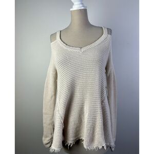 Free People Cottagecore Distressed Cold Shoulder Knit Crochet Sweater Cream‎ S/P
